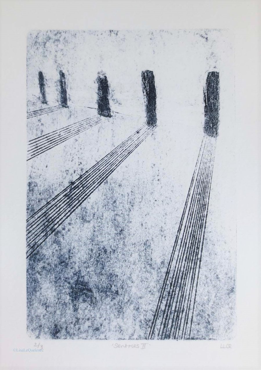 Coastal collagraph of sea defences at Bournemouth beach print 2 of 3