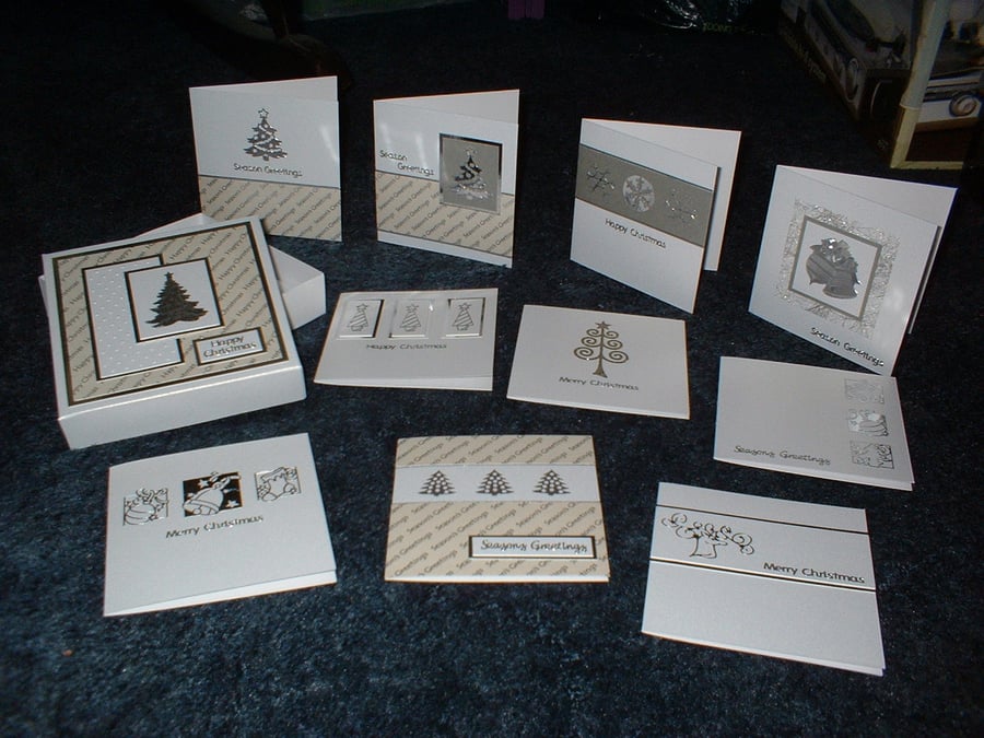 Pack of Ten Silver and White Christmas Cards in Gift Box