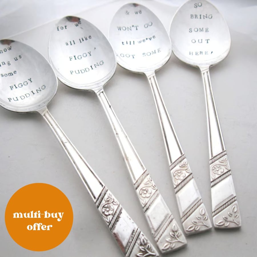 Xmas Pud spoons, Figgy Pudding, set of four hand stamped vintage dessertspoons