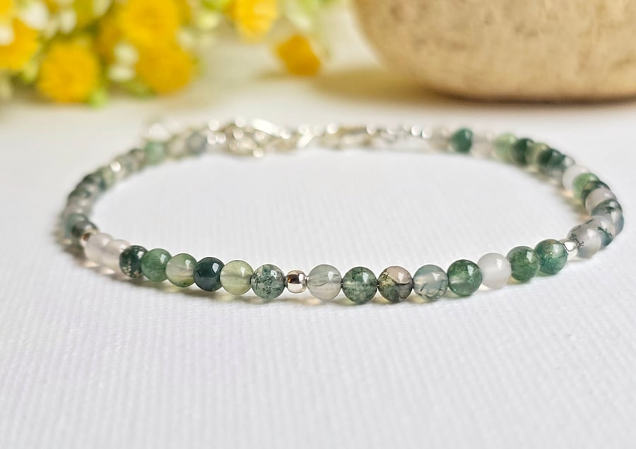Dainty Moss Agate Gemstone Bracelet - 3mm 