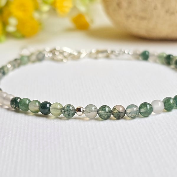 Dainty Moss Agate Gemstone Bracelet - 3mm 