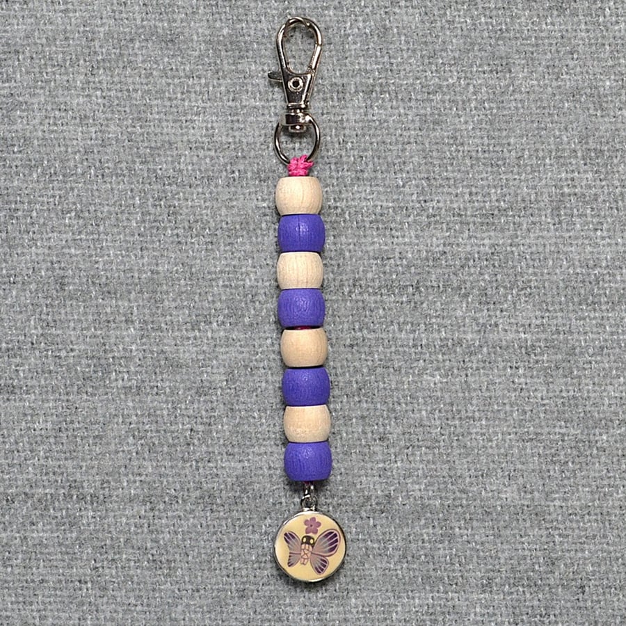 Bag Charm – Purple and White Wooden Beads and Butterfly Picture Charm