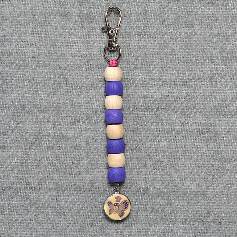 Bag Charm – Purple and White Wooden Beads and Butterfly Picture Charm