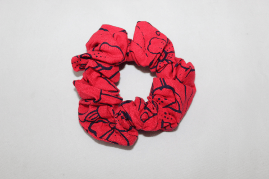 Red & blue scrunchie hand print floral,Eco hair accessory,gift