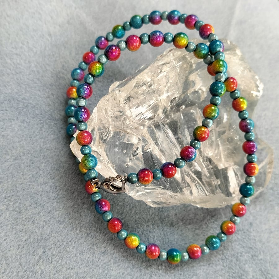 NL255 Turquoise and rainbow miracle beaded necklace