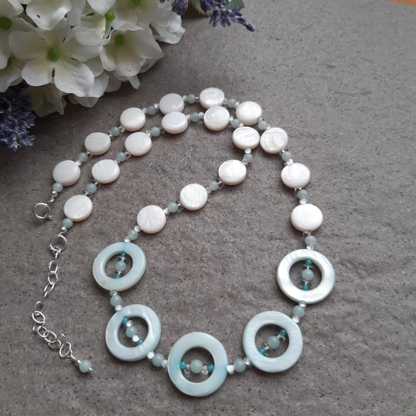 Sterling Silver Shell Necklace With Amazonite and Glass Beads Mother Of Pearl