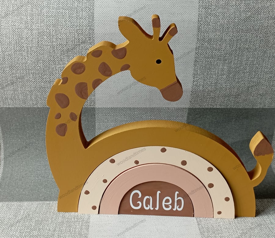 Giraffe rainbow stacker for zoo themed nursery, personalised boys bedroom shelf
