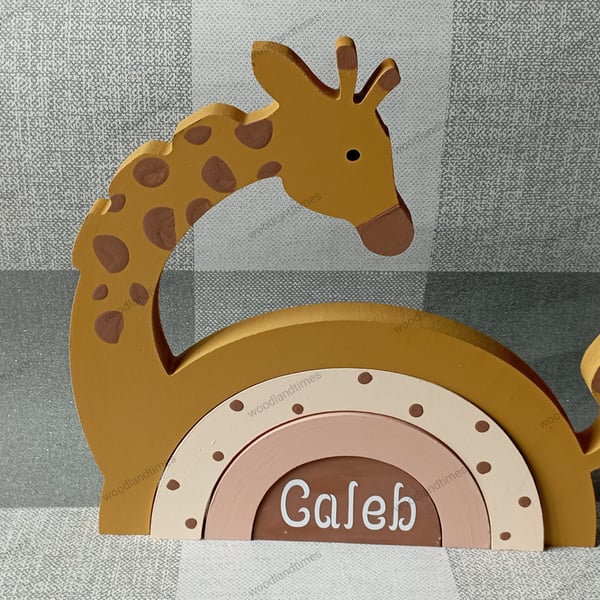Giraffe rainbow stacker for zoo themed nursery, personalised boys bedroom shelf