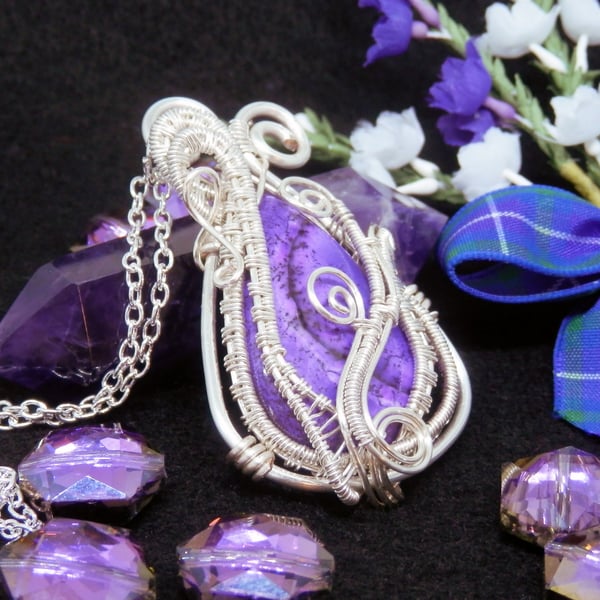 Silver Plated Wire Wrapped Necklace With Purple Dendritic Agate