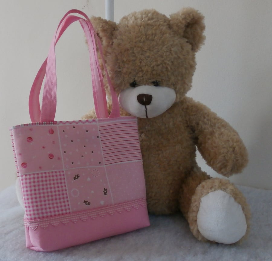 Little Girl Pink Patchwork Design Cotton Tote Bag With Gingham Hearts 