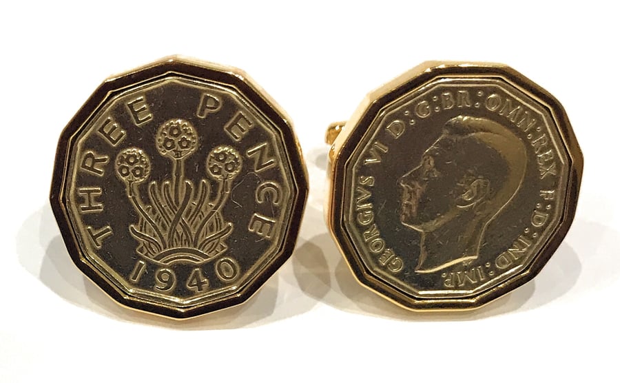 1940 Threepence 3d 81st birthday Cufflinks - Original 1940 threepence coin HT