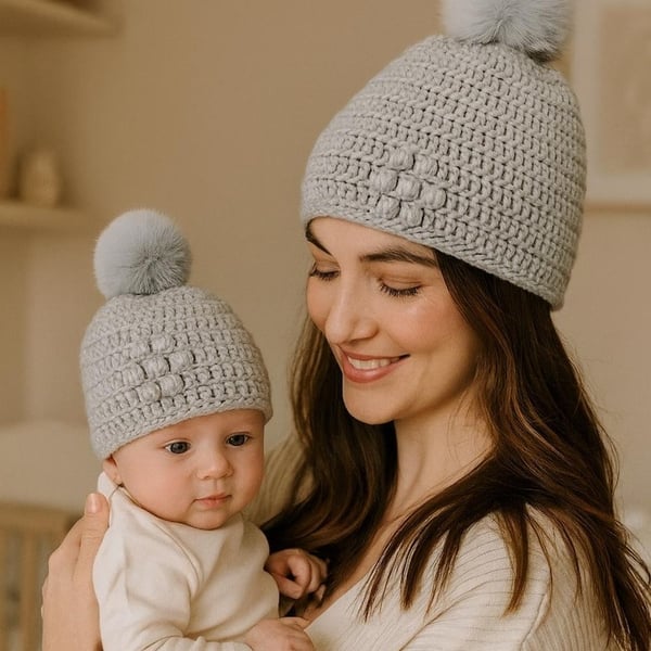 Crocheted Mum and Baby Hat Set, Grey Hats, Faux Fur Pompoms, Bobble Flower 