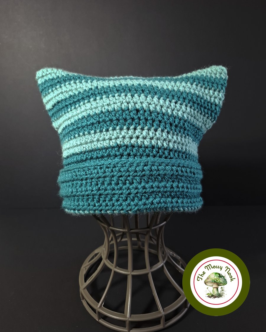 Cat Ear Hat. Striped. Mint and Teal Green Stripes. Handmade. Teen to Adult size.