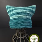 Cat Ear Hat. Striped. Mint and Teal Green Stripes. Handmade. Teen to Adult size.