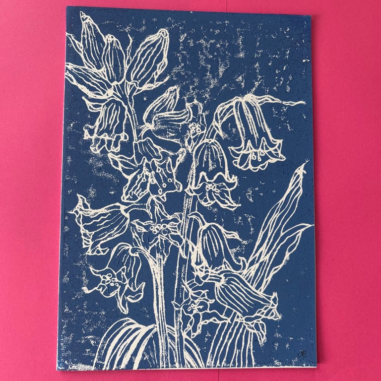Handmade Bluebell Linocut Card, Original Blue Floral Art Blank Greeting Card