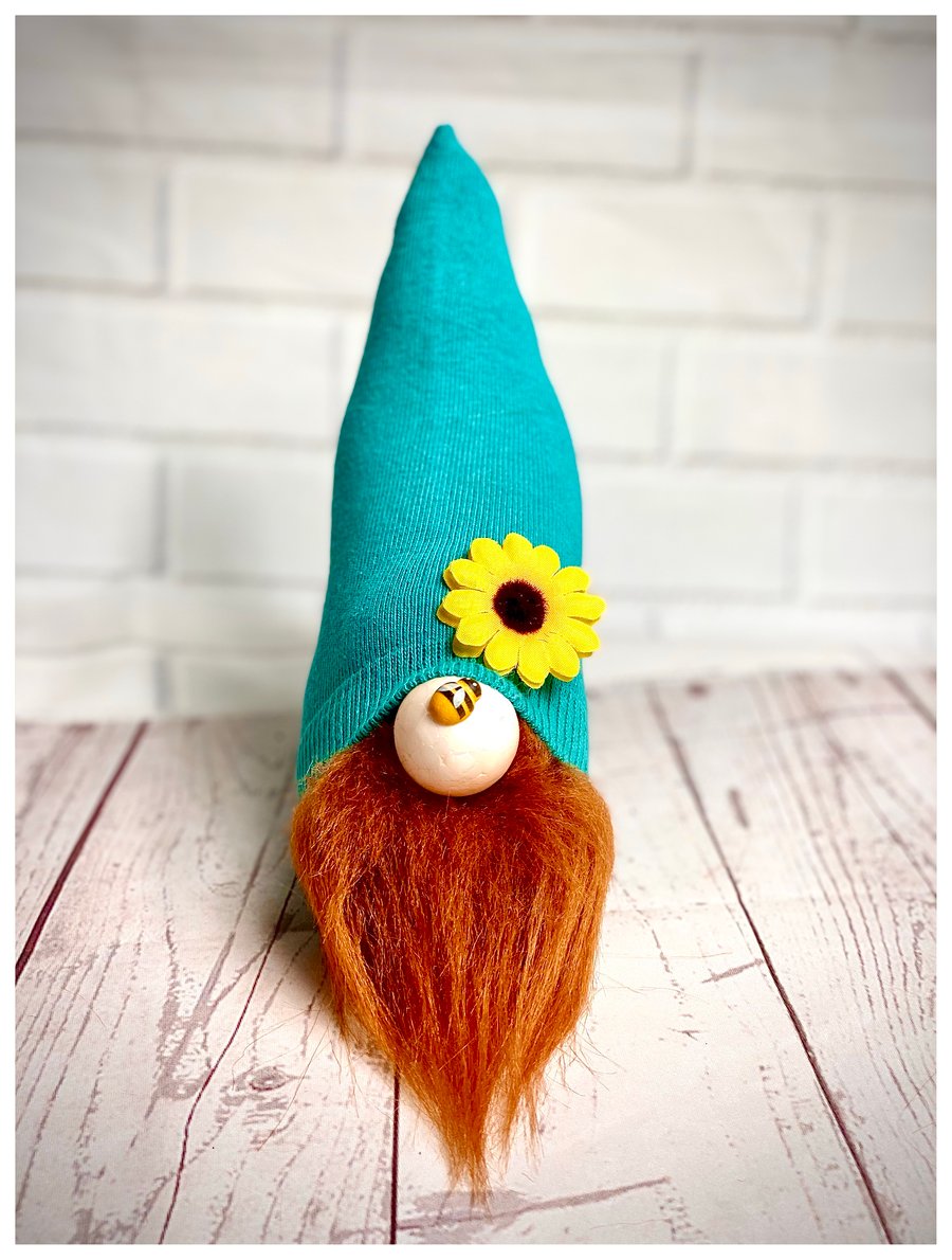 Green Nordic Gnome with Sunflower and Bumblebee 