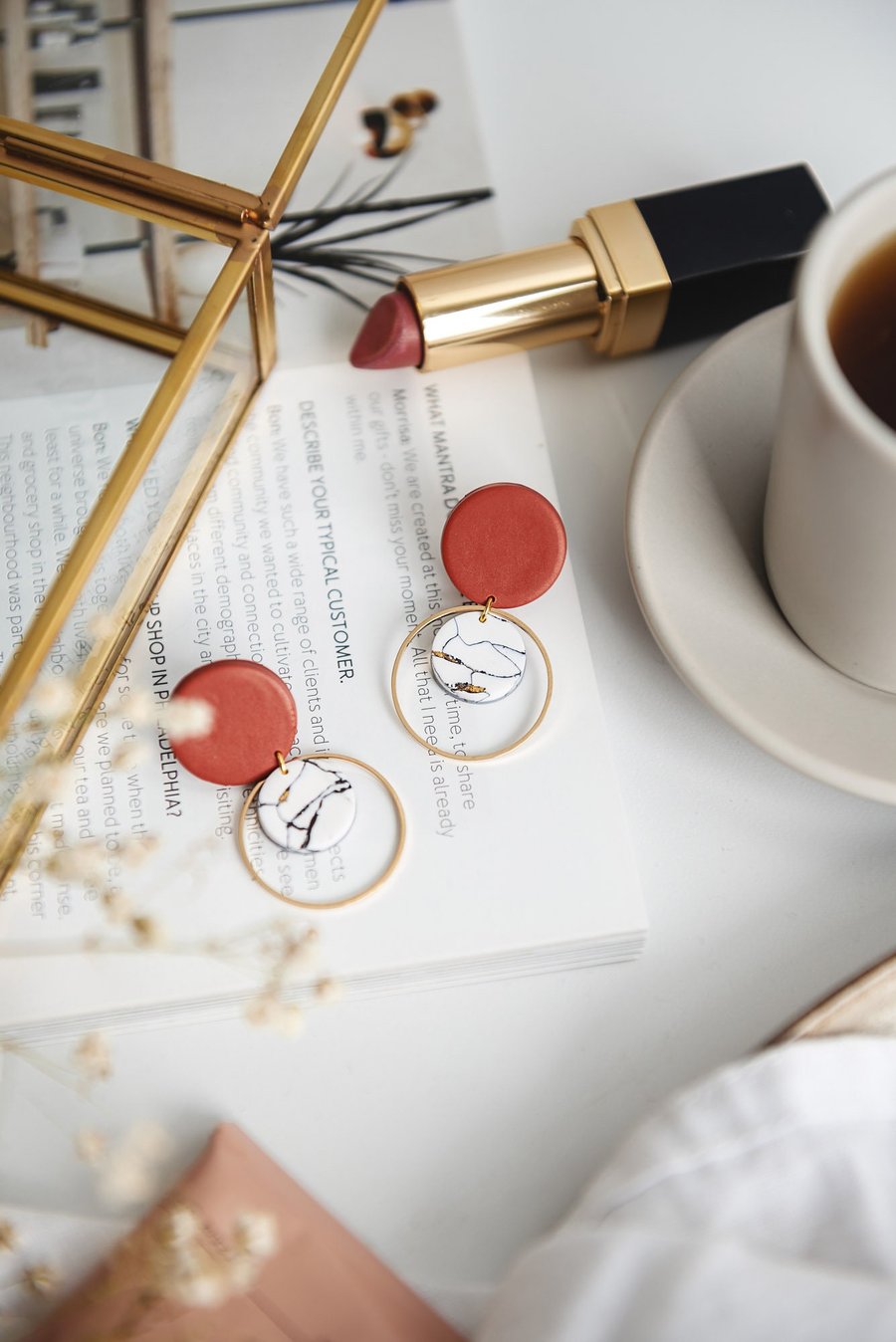 ANGELA Statement Earrings in Rust Orange with Marble Style Pattern