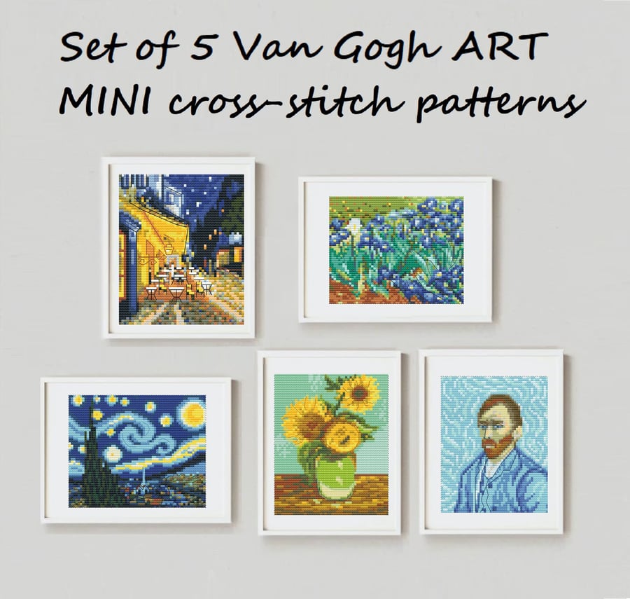Set of 5 Van Gogh Mini cross stitch patterns Vincent Van Gogh Starry Night Café 