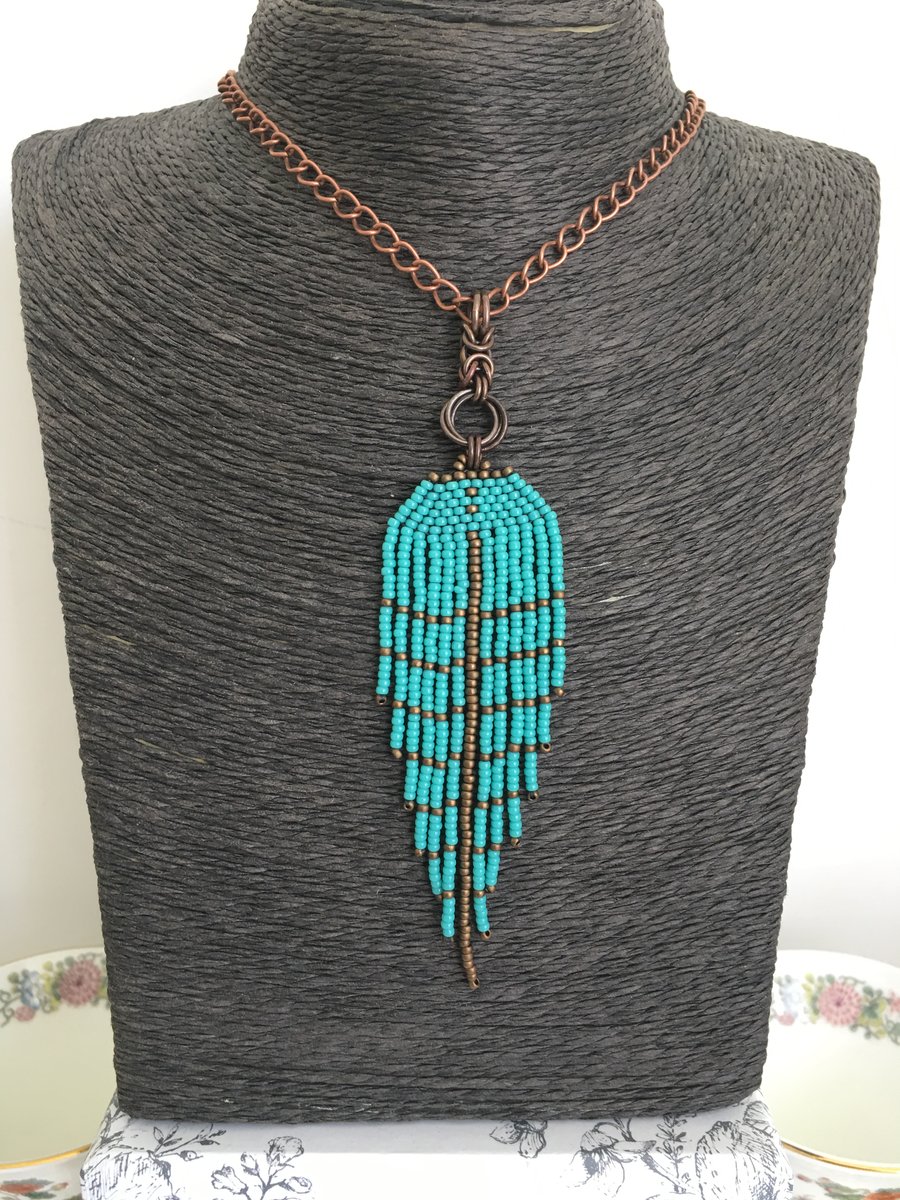 Boho Turquoise Feather Seed Bead Necklace on Copper Chain