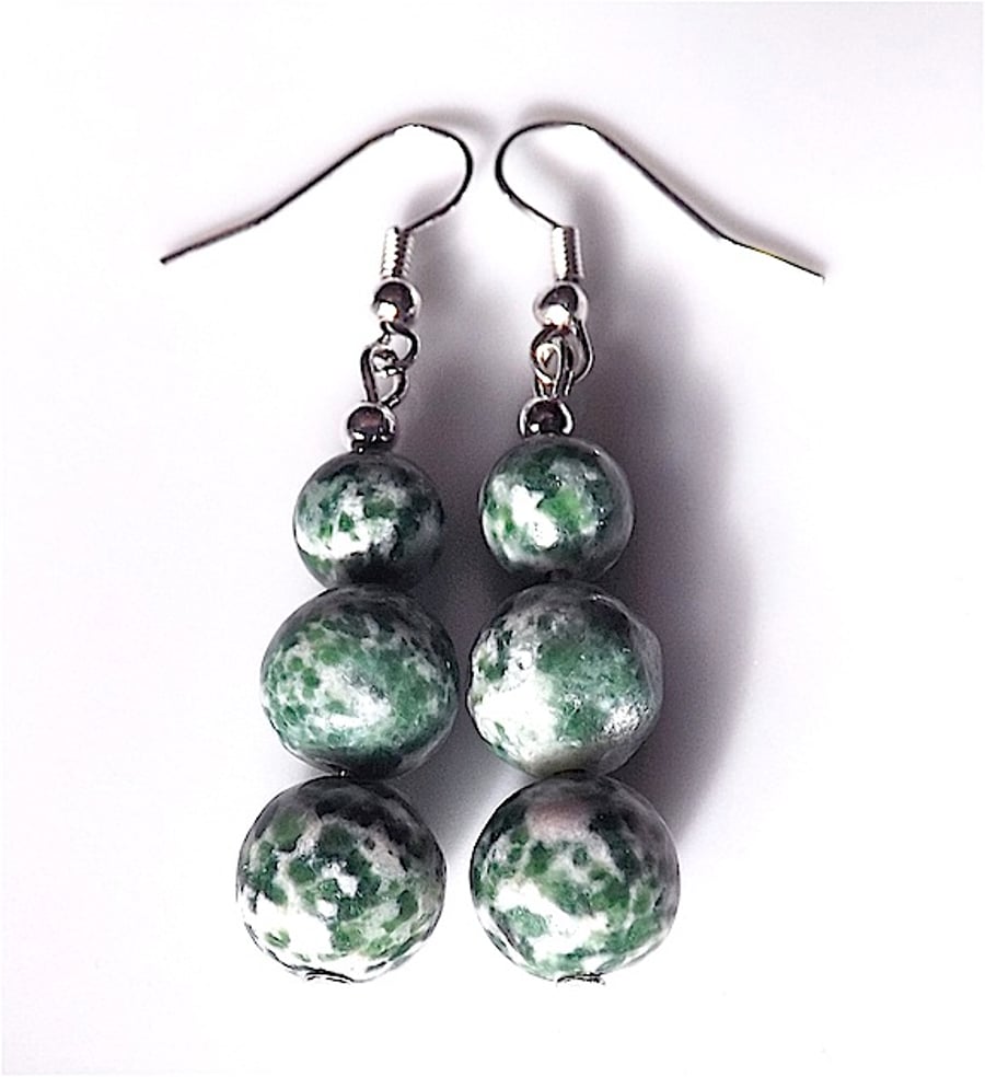 Earrings for pierced ears, fabulous green spot jasper gem stone dangles.