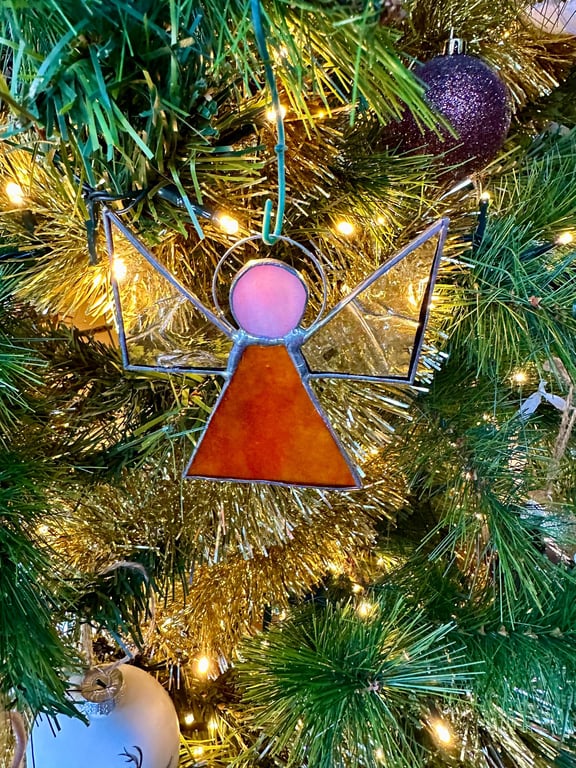 Stained Glass Triangle Angel - Burnt orange with textured clear wings