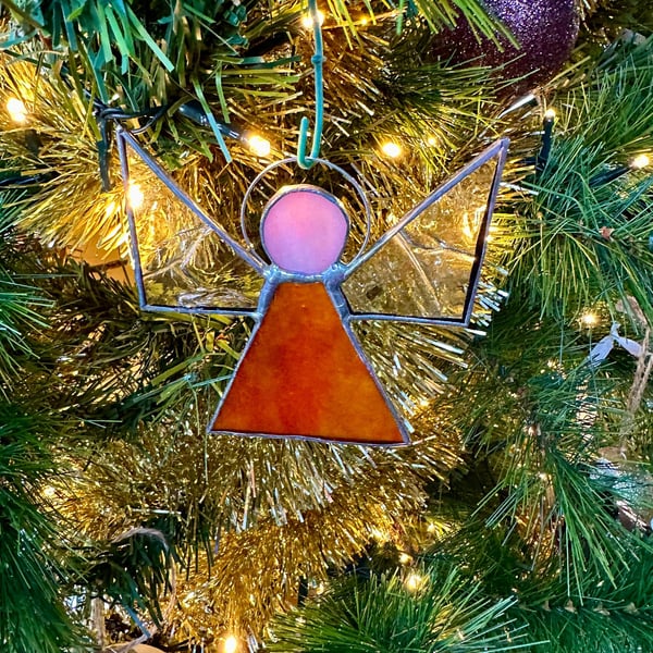 Stained Glass Triangle Angel - Burnt orange with textured clear wings
