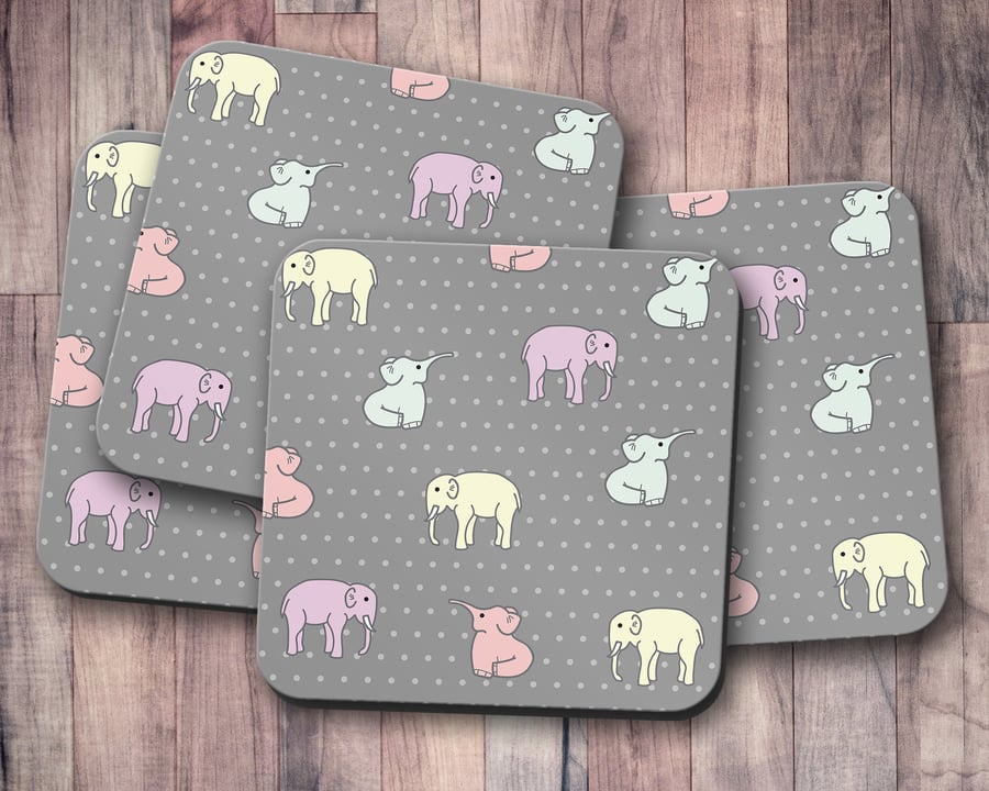 Set of 4 Grey with Multicoloured Elephant Design Coasters
