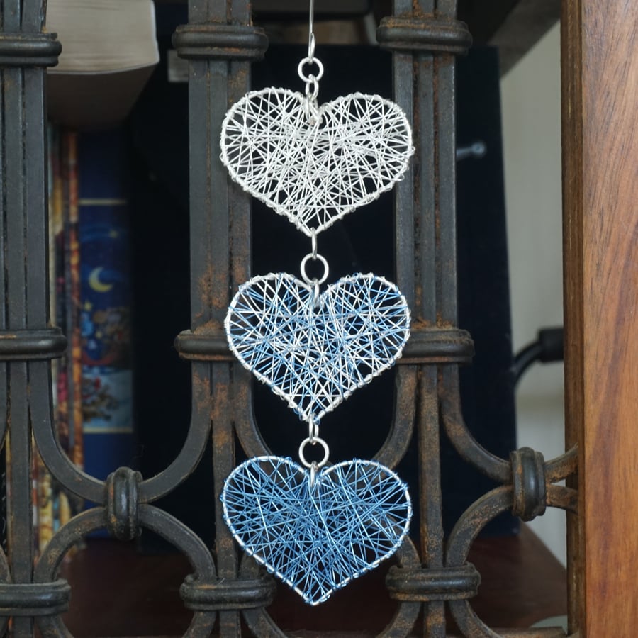 Chain of Wire Wrapped Hearts - Silver & Blue