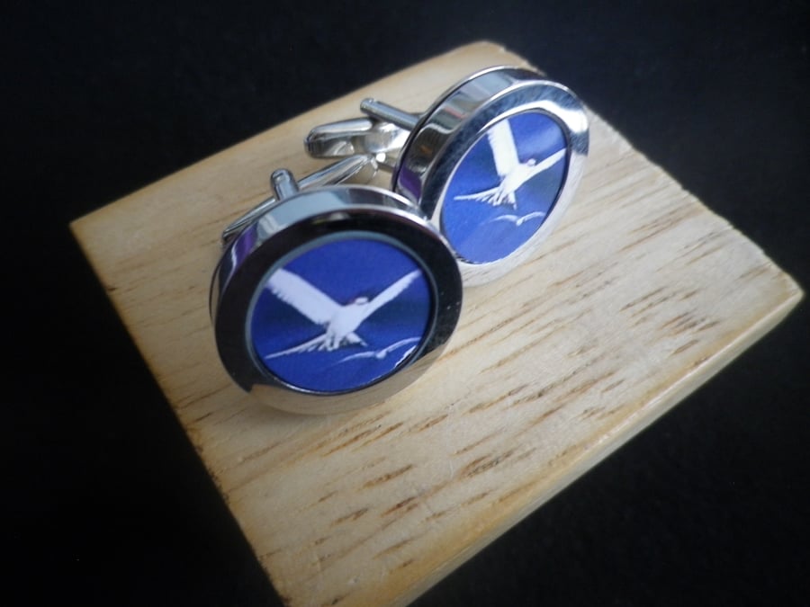 White Bird in Flight cufflinks domed cabochon protector, free UK shipping., 