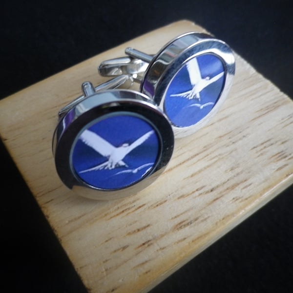 White Bird in Flight cufflinks domed cabochon protector, free UK shipping., 