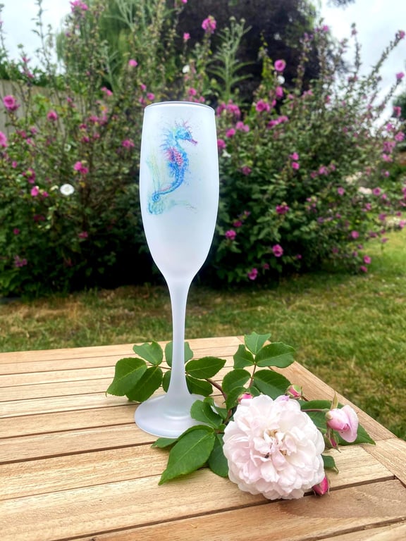 Seahorse Watercolour Motif, Frosted Glass Champagne Flute, Prosecco Glass. 