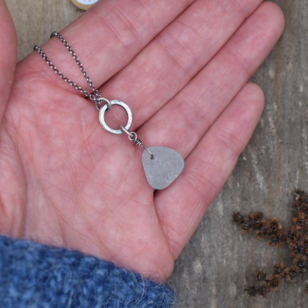 Sea Glass and Recycled Sterling Silver Necklace, White Scottish Sea Glass