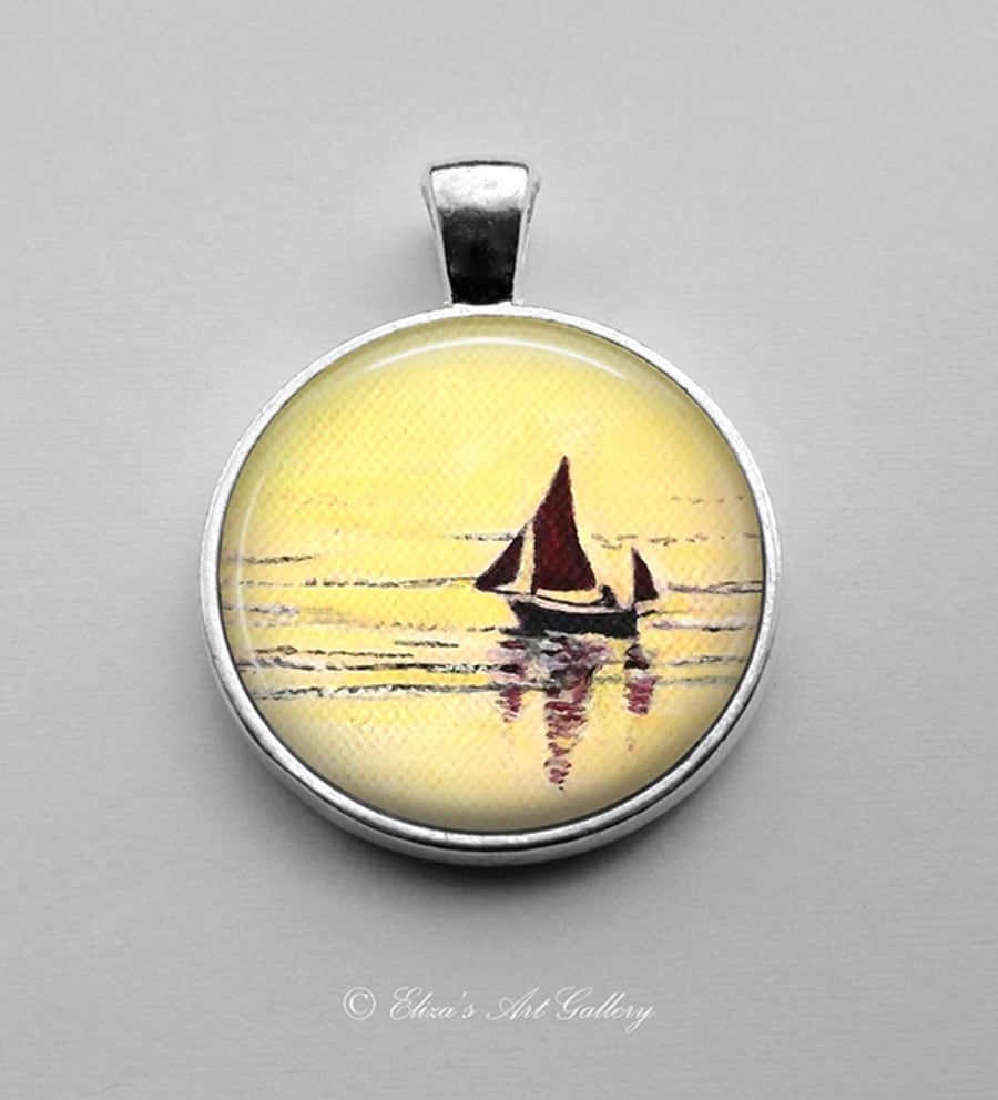 Silver Plated Sailing Boat at Sunset Art Pendant