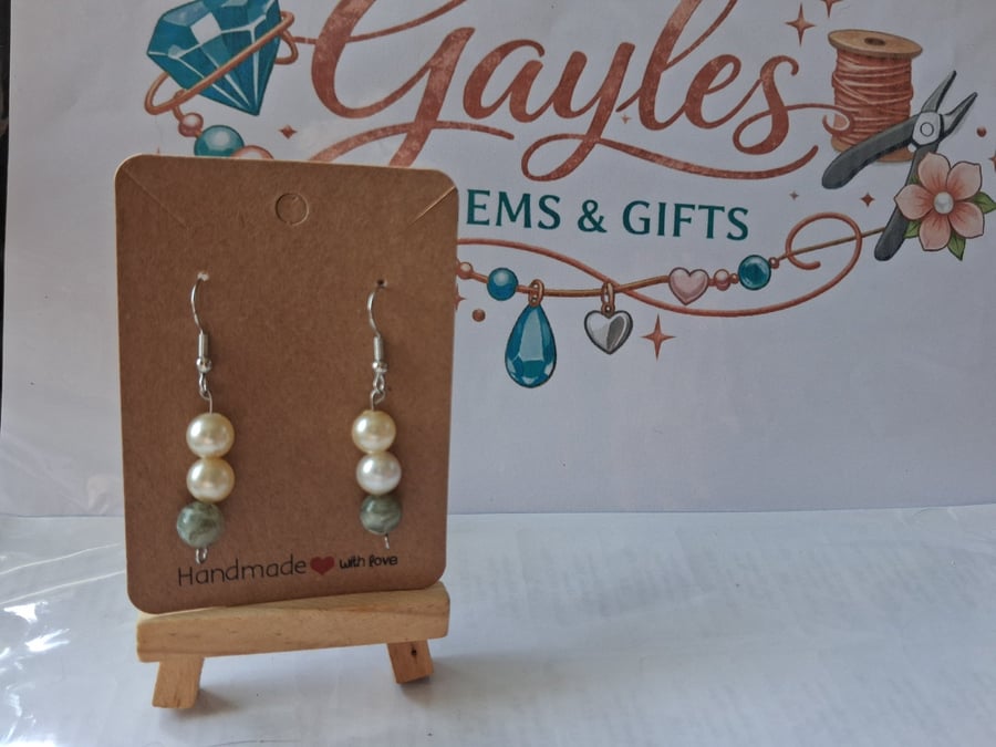 Pearl and green bead earrings
