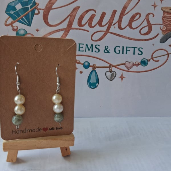 Pearl and green bead earrings