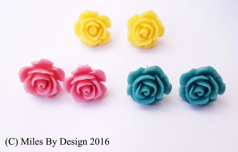 Set of Three Flower Stud Earrings