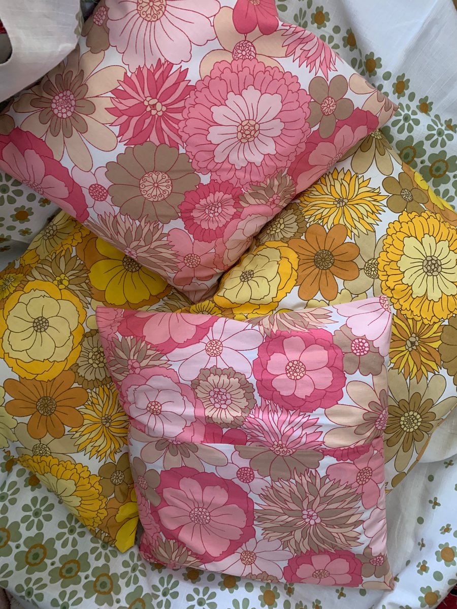 Retro 60s 70s M&S flower power yellow orange brown MCM cushions x2 VW 