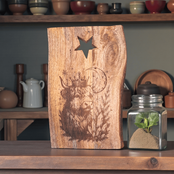 Crowned Highland Cow Living Edge Mango Wood Serving Board
