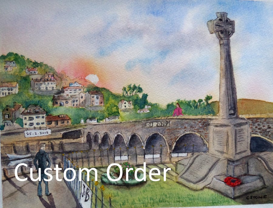 Custom Order for Becky. Final payment. Looe Bridge and Memorial watercolour