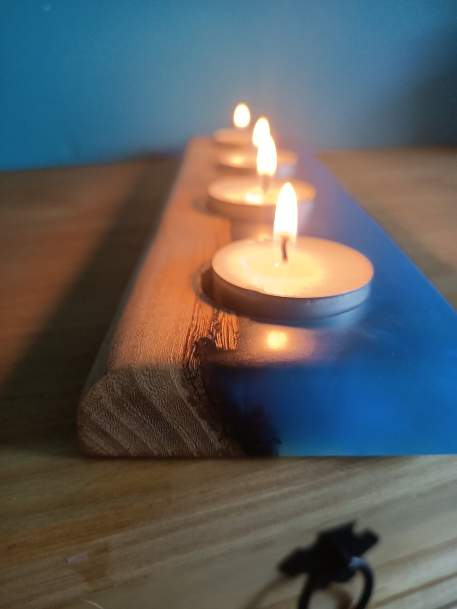 reclaimed sustainable wooden candle holder with blue resin tealight