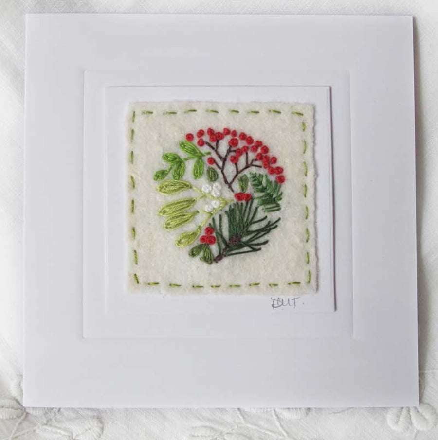 HAND EMBROIDERED CHRISTMAS WINTER GREETINGS CARD