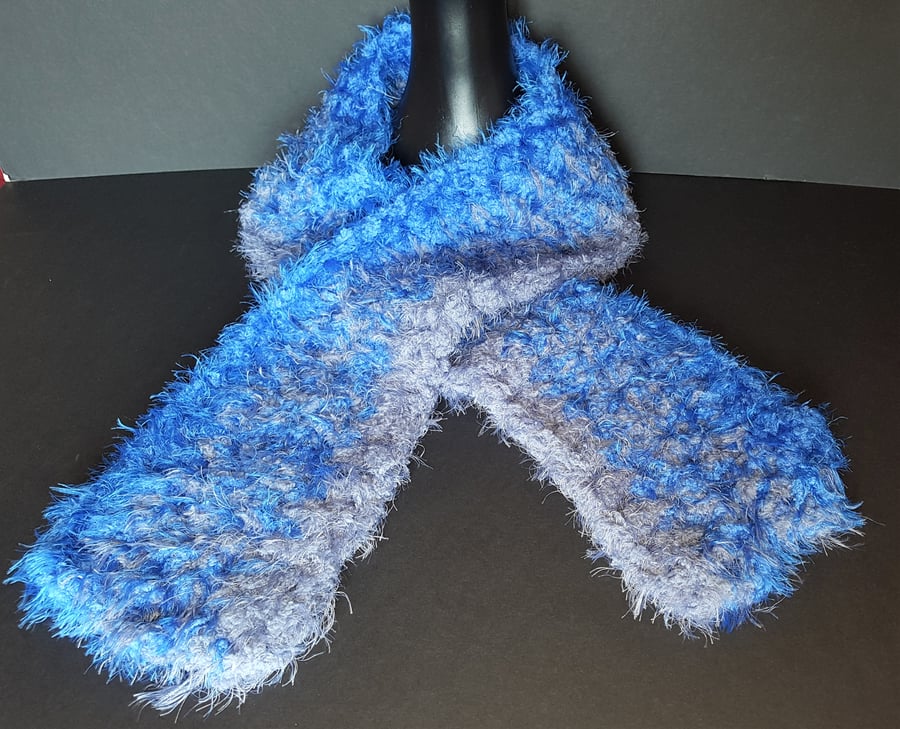 Blue and Grey Chunky Crochet Scarf