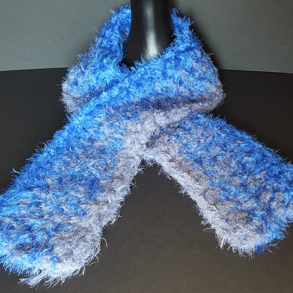 Blue and Grey Chunky Crochet Scarf