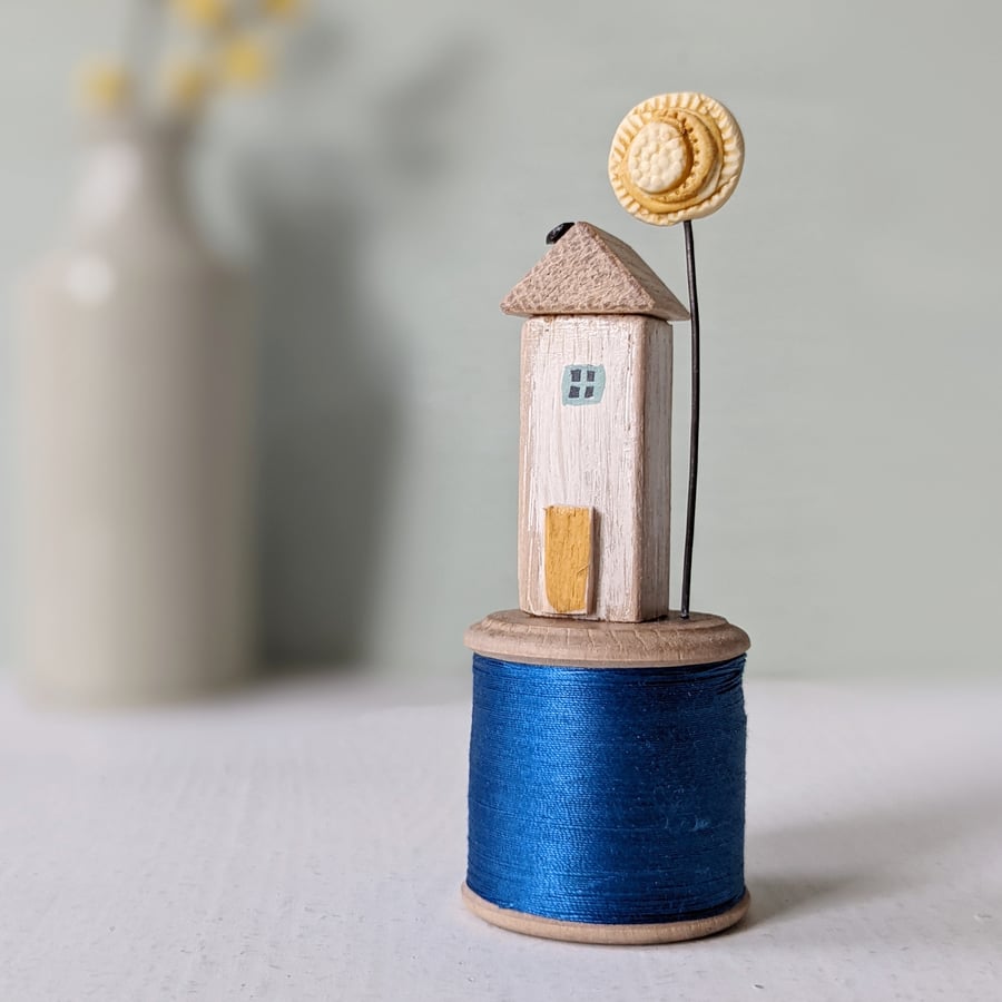 SALE Wooden House on a Vintage Blue Bobbin with Sunshine 