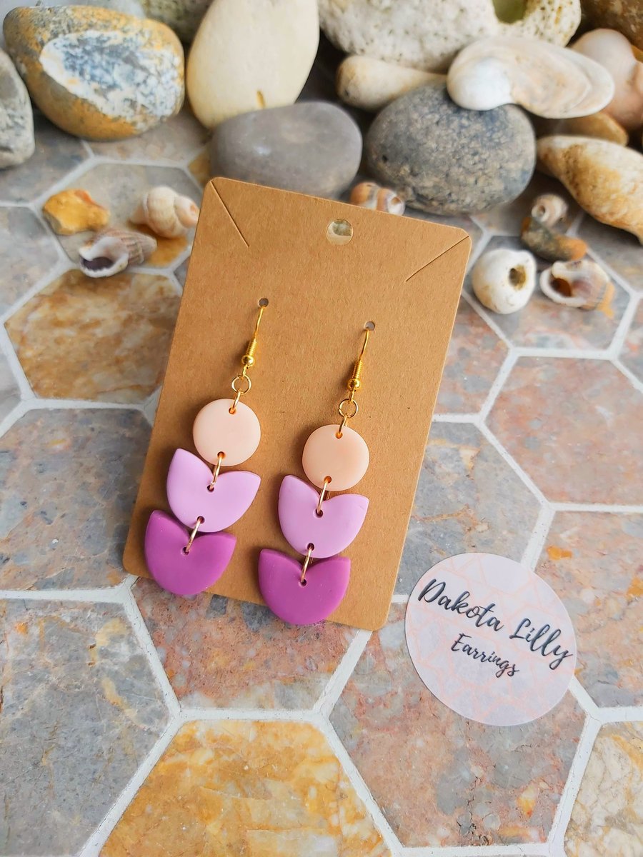 Triple drop peach and purple polymer clay earrings