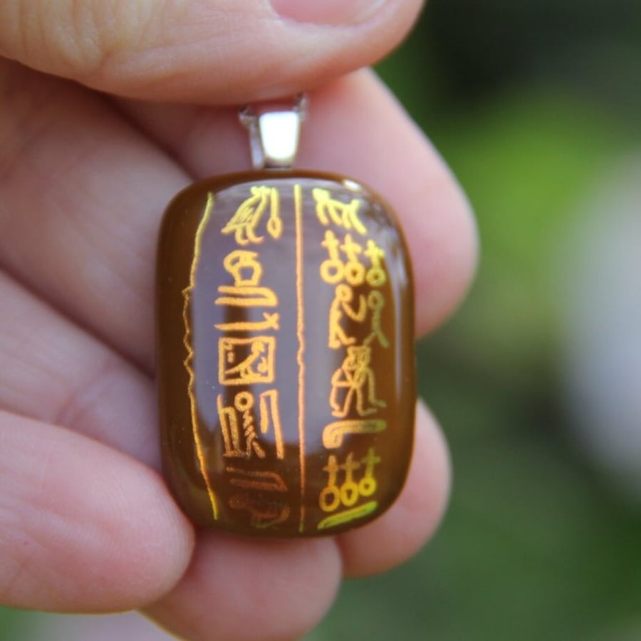 Light brown glass pendant with gold hieroglyph pattern, fused glass necklace F33