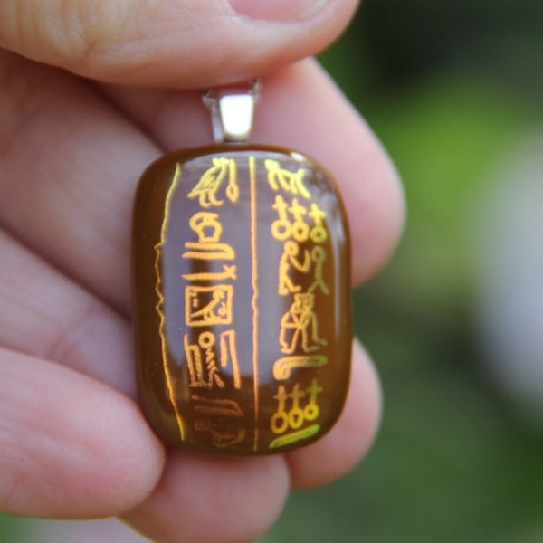 Light brown glass pendant with gold hieroglyph pattern, fused glass necklace F33