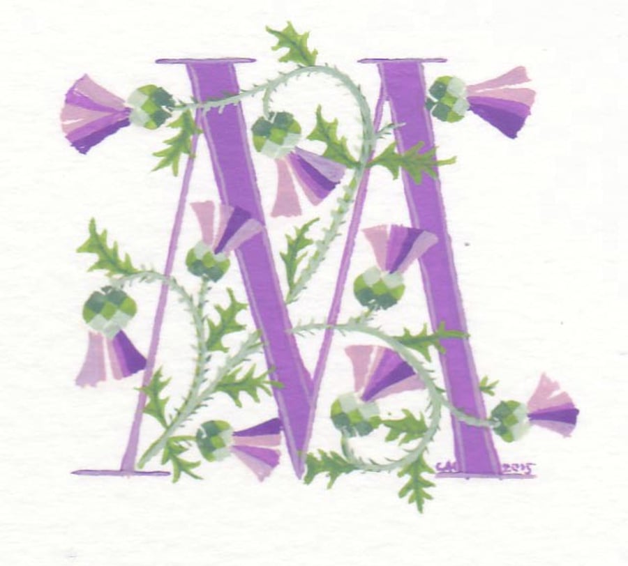 Initial letter M in pale purple with Scots thistles.