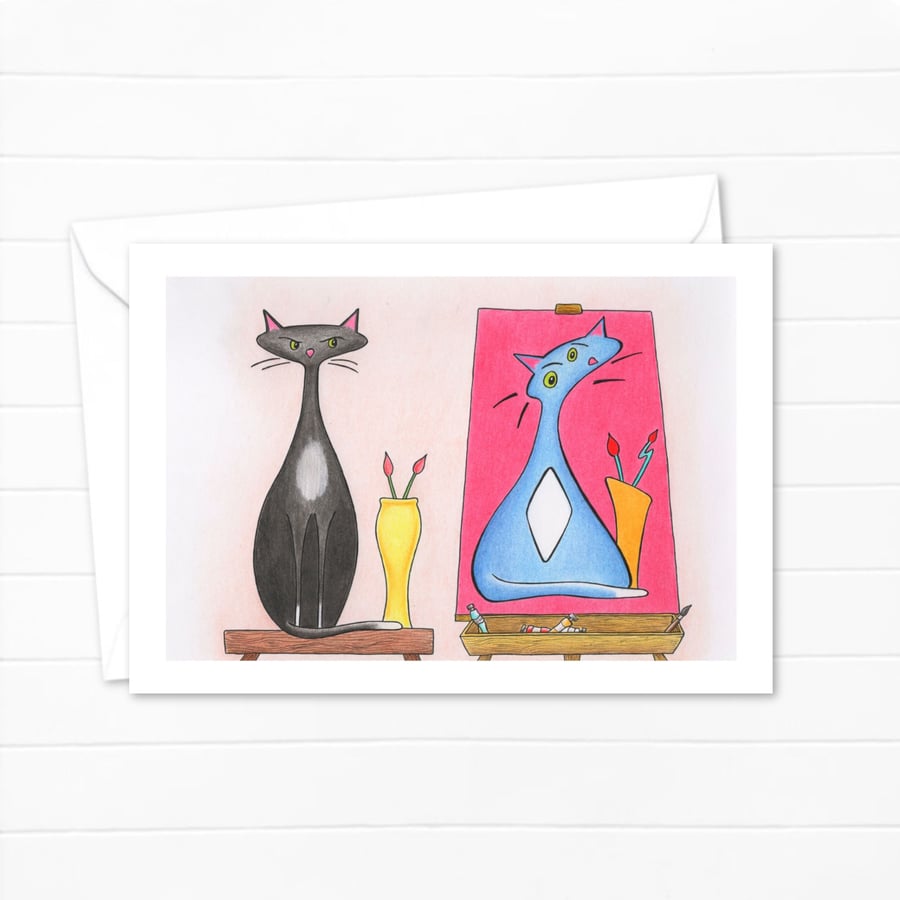  Funny Cat Greeting Card: Pencil Illustration of an Artist's Muse (114)