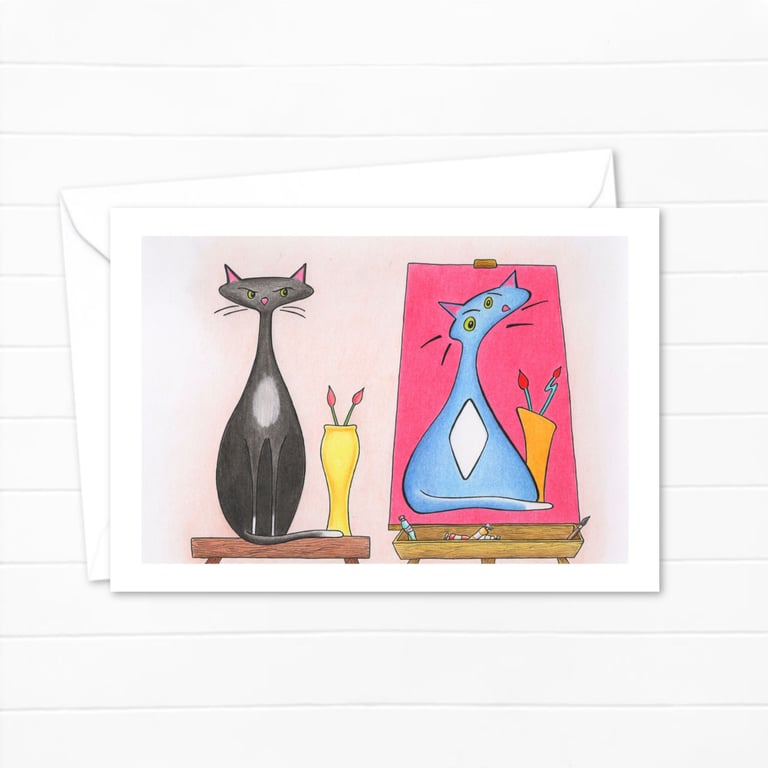  Funny Cat Greeting Card: Pencil Illustration of an Artist's Muse (114)